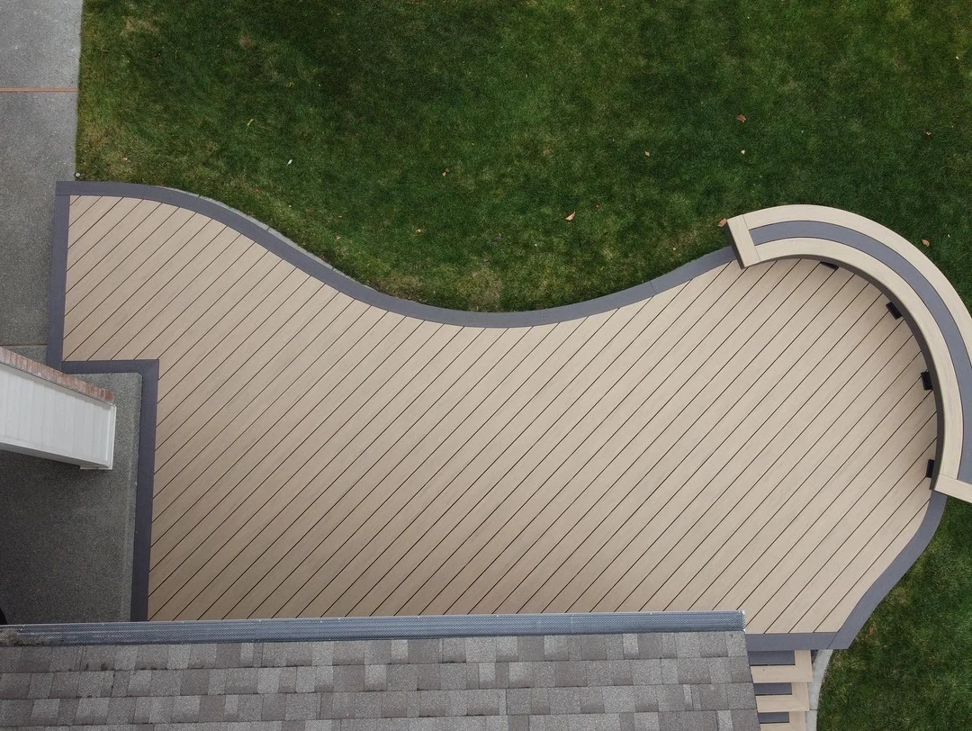 Curved deck with a bench.