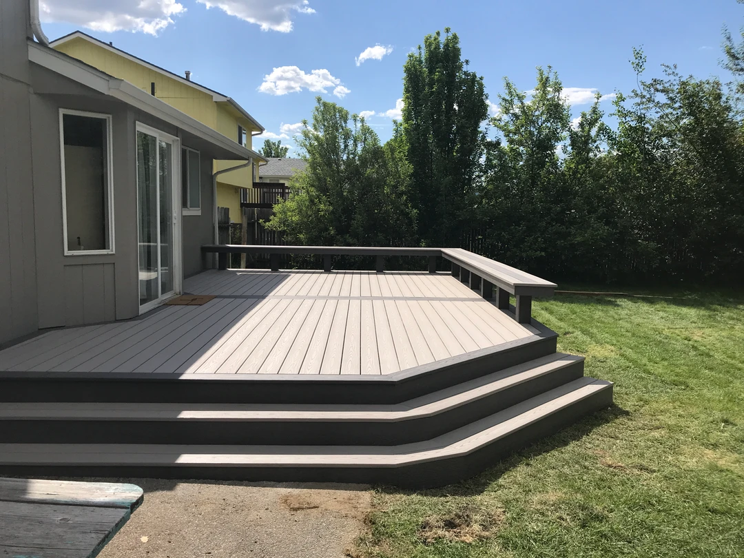 Tan deck with benches.