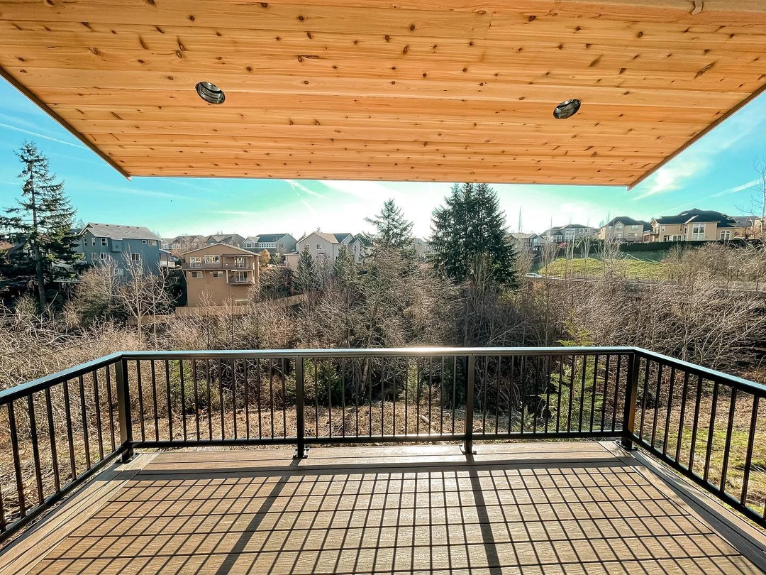 New aluminum railing installed on deck. Beautiful view off of new deck. Extruded aluminum powder coated black. 
